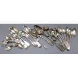 A quantity of mixed mainly fiddle pattern silver flatware and two silver napkin rings, 41 oz.
