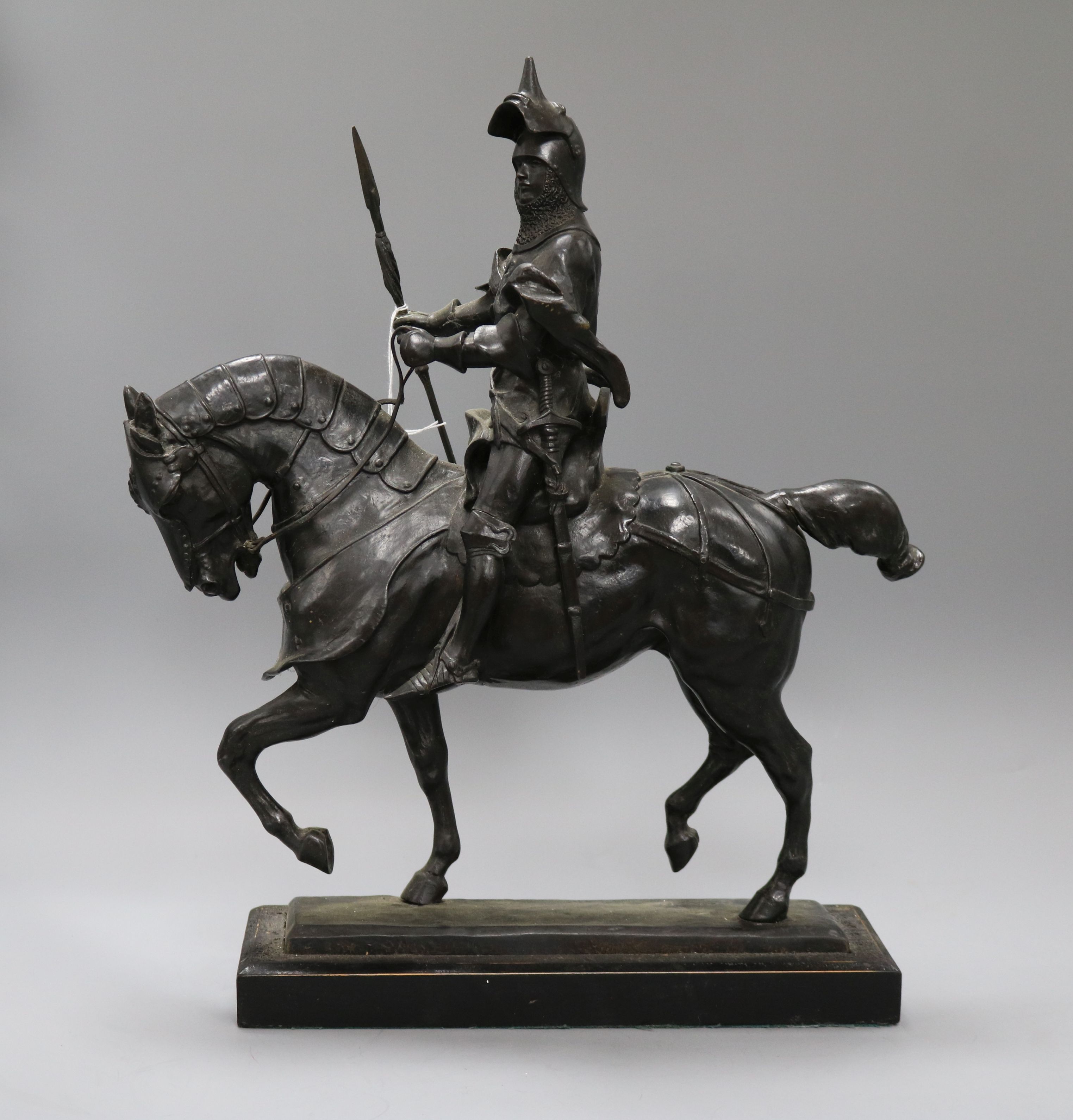 After Barye. A bronze of a knight on horseback, signed height 42cm