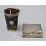 A Victorian silver mounted horn beaker and a cigarette box.