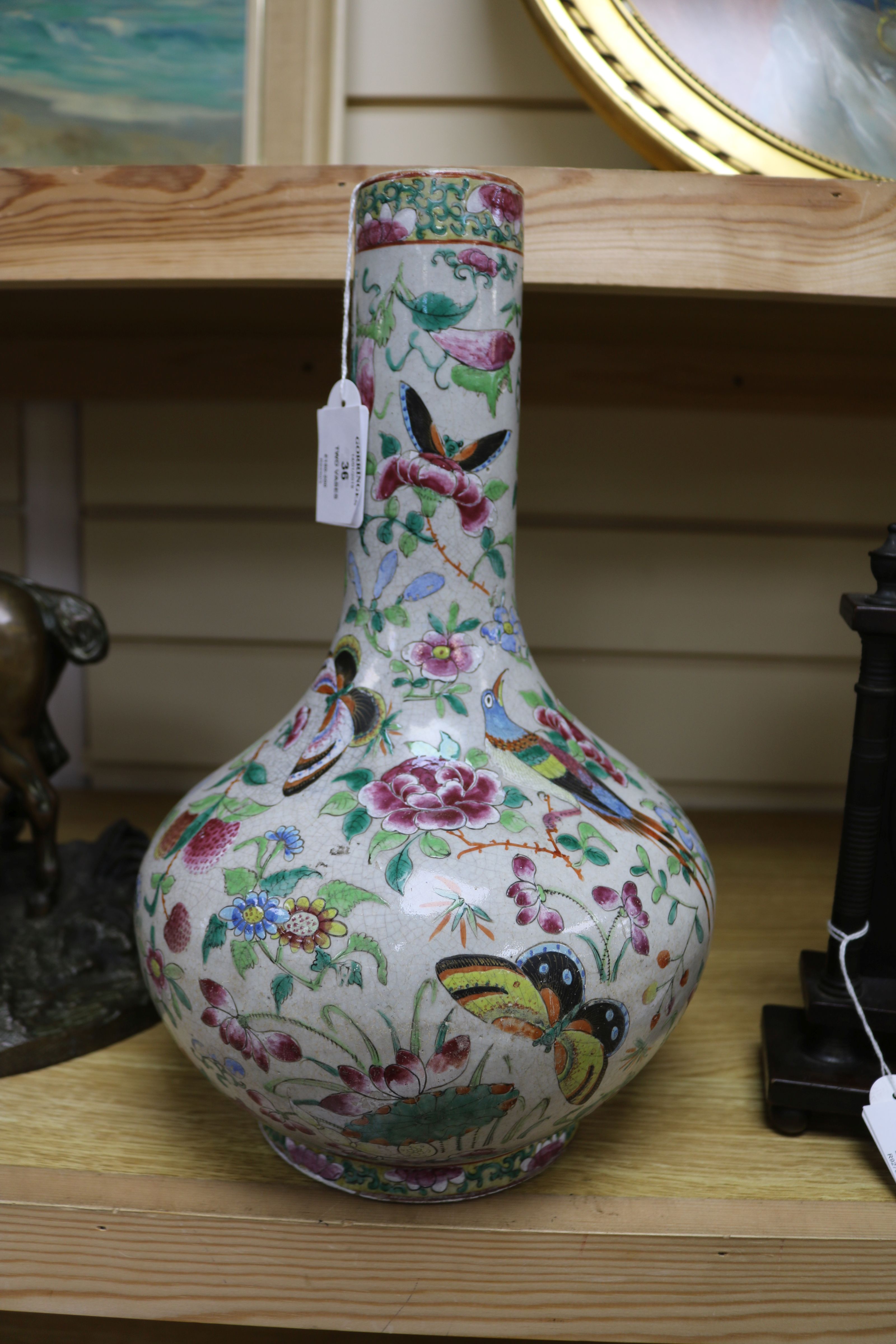 A Chinese famille rose crackleglaze vase and a Jun type vase tallest 34cm - Image 6 of 7