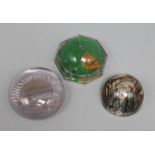 Three Victorian reverse intaglio moulded glass paperweights; parrot, dog's head and James Dawson &