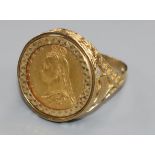 A 9ct gold ring set with an 1892 half sovereign