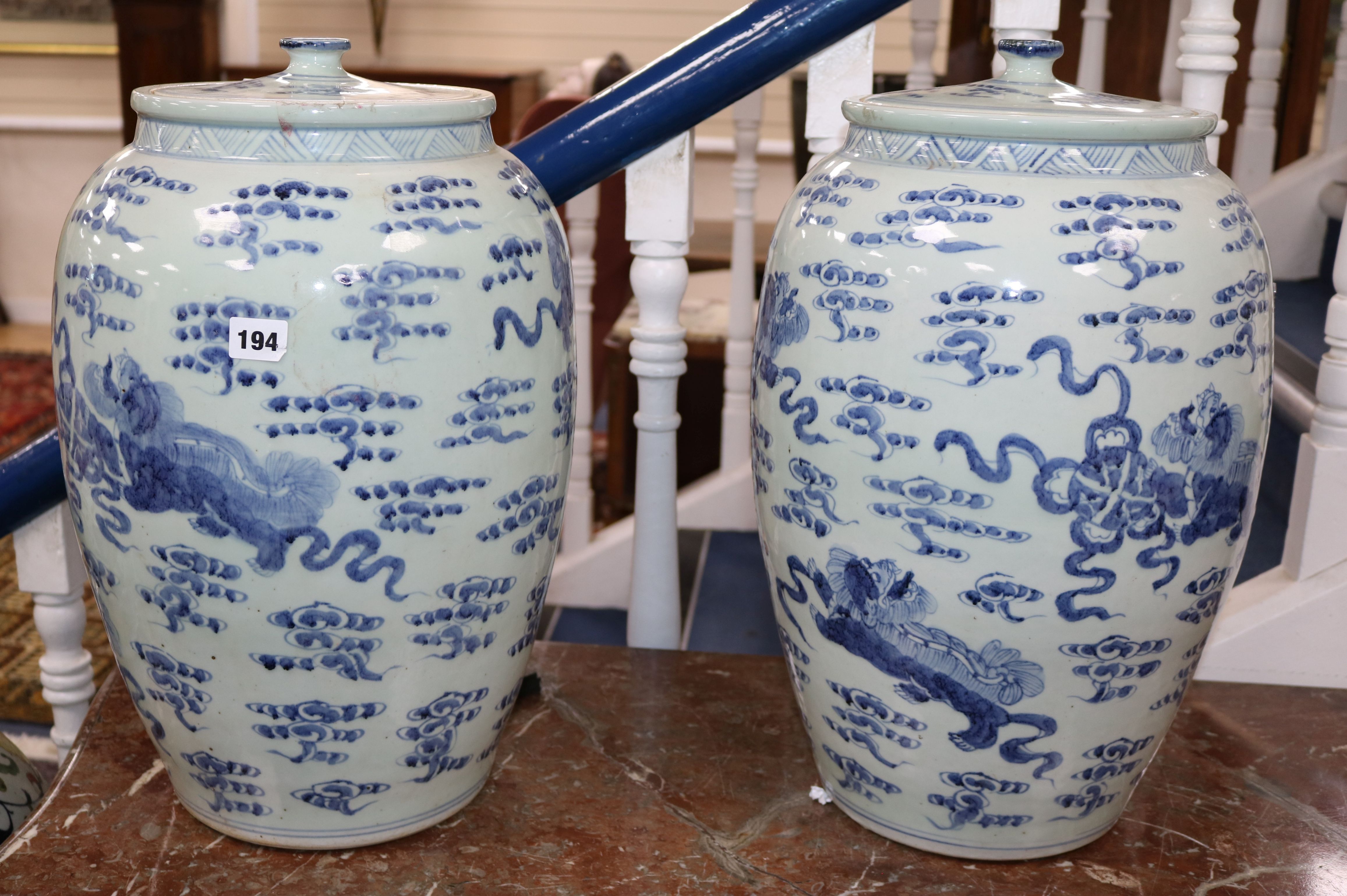 A pair of large Chinese blue and white jars and covers height 49cm
