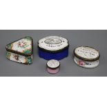 Four South Staffordshire enamel snuff, patch or pill boxes