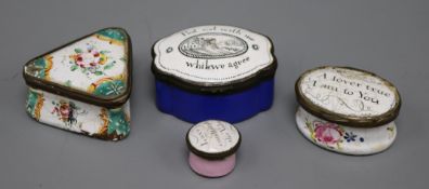Four South Staffordshire enamel snuff, patch or pill boxes