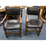 A set of eight oak and leather Cromwellian style dining chairs (six single, two arm)