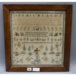 A Victorian needlework sampler dated 1853, mahogany framed 40 x 39cm excl. frame