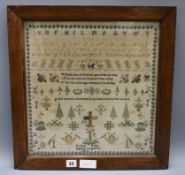 A Victorian needlework sampler dated 1853, mahogany framed 40 x 39cm excl. frame