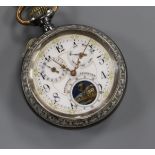 A gun metal and white metal keyless calendar pocket watch.