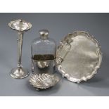 A mid 20th century silver waiter, a silver mounted flask with plated cup, a silver spill vase and