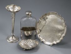 A mid 20th century silver waiter, a silver mounted flask with plated cup, a silver spill vase and