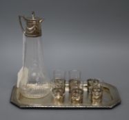 A WMF Neo-Classical style plate-mounted liqueur set, comprising a small glass decanter with flower