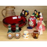 A Doulton flambe bowl, three figures, Motto jug etc