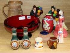 A Doulton flambe bowl, three figures, Motto jug etc