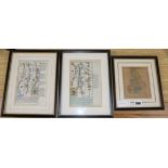 Two 18th century engraved road maps of Cardigan and Carmarthen, 19 x 12cm and a small map of South