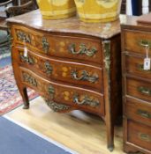 A Louis XVI style marble top marquetry commode W.116 cm