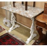 A cast iron table with marble top W.92cm