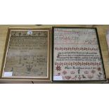 Two needlework samplers, one dated 1832, the other 1802, largest 37 x 30cm excl. frame