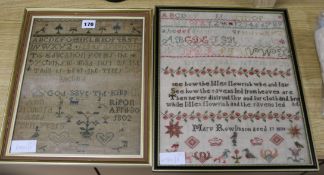 Two needlework samplers, one dated 1832, the other 1802, largest 37 x 30cm excl. frame
