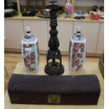 A Chinese scroll box, a lamp stand and pair of vases lamp stand height 58cm