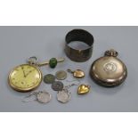 A 9ct gold scarab bar brooch, a 9ct gold heart-shaped locket, a silver pocket watch and sundries.