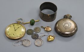 A 9ct gold scarab bar brooch, a 9ct gold heart-shaped locket, a silver pocket watch and sundries.