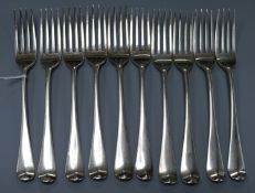 A set of ten George III silver Hanoverian pattern table forks, crested, London 1794, makers George