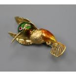 An 18k gold and enamel stylised Kingfisher brooch, 43mm.