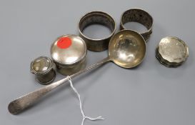 Two silver napkin rings, a 19th century Scottish? ladle and three boxes including Dutch white