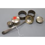 Two silver napkin rings, a 19th century Scottish? ladle and three boxes including Dutch white