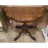 A Victorian burr walnut shaped topped card table (a.f.) W.103cm