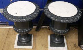 A pair of French painted cast iron urns with removable lids and bases W.37cm