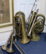 Ten assorted brass instruments