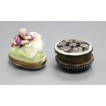 A French porcelain 'shepherd' snuff box c.1900 and a glass box