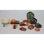 A group of Chinese agate and chalcedony carvings, plaques etc