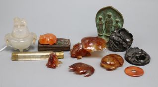 A group of Chinese agate and chalcedony carvings, plaques etc