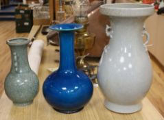 Three Chinese crackle glaze vases tallest 39cm