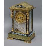 A French onyx and enamel champleve four glass mantel clock H.34cm