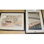 After Hiroshige, colour print, Travellers in the rain, 27 x 18cm and another landscape print