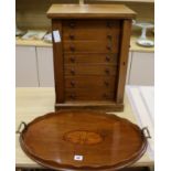 A shell inlay tray and collector's chest tallest 51cm approx.