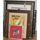 A collection of celebrity framed photos etc and advertising prints