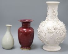 A Jun type vase, a Chinese white glazed vase and a French lamp tallest 35cm excl. stand