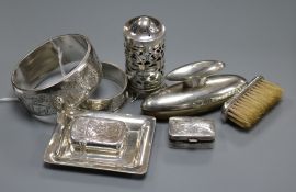 Mixed silver and white metal items including a silver vesta case, pill box, pin tray, napkin ring