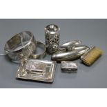 Mixed silver and white metal items including a silver vesta case, pill box, pin tray, napkin ring