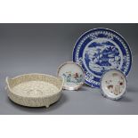 A Chinese crackleglaze censer, two famille rose saucers and a blue and white dish largest diameter