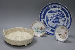 A Chinese crackleglaze censer, two famille rose saucers and a blue and white dish largest diameter