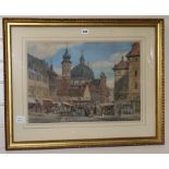 19th century English School, watercolour, Continental market place 38 x 55cm.