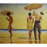 After Jack Vettriano, oil on canvas, 'Mad Dogs' (figures on a beach), 86 x 101cm