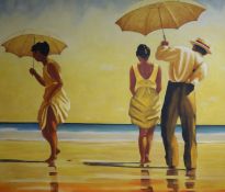 After Jack Vettriano, oil on canvas, 'Mad Dogs' (figures on a beach), 86 x 101cm