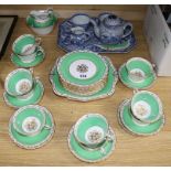 A green gilt tea set and some Adams blue and white china